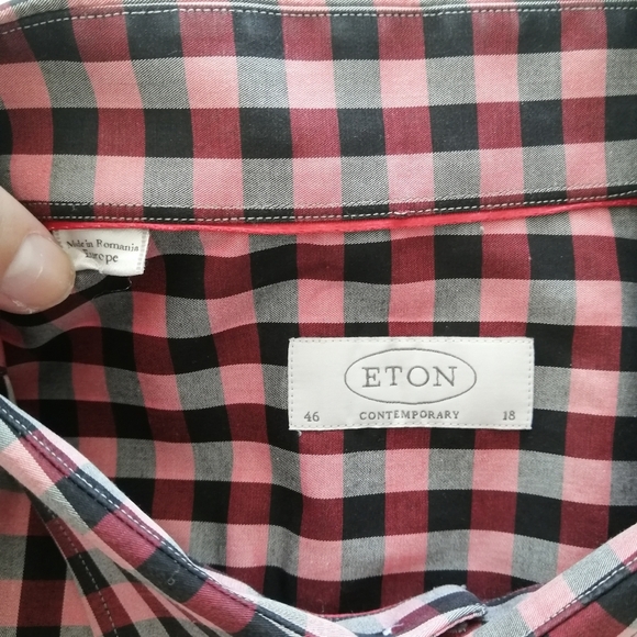 Eton Contemporary Fit Black And Raspberry Red Plaid Button Down Shirt 18 - Picture 10 of 15